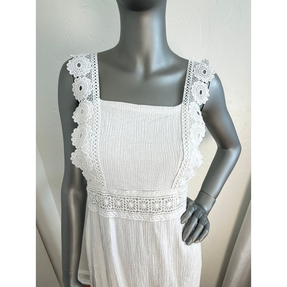 Angie White Lace Trim Square Neck Sleeveless Bohemian Gauze Midi Sundress Dress - Picture 2 of 6